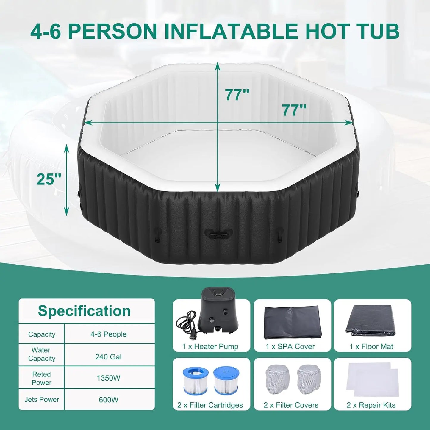 4-6 Person Inflatable Hot Tub, 77" X 77" X 25" Octagonal Blow up Portable Hot tub with 130 Bubble Jets, Large Outdoor Spa Bathtu