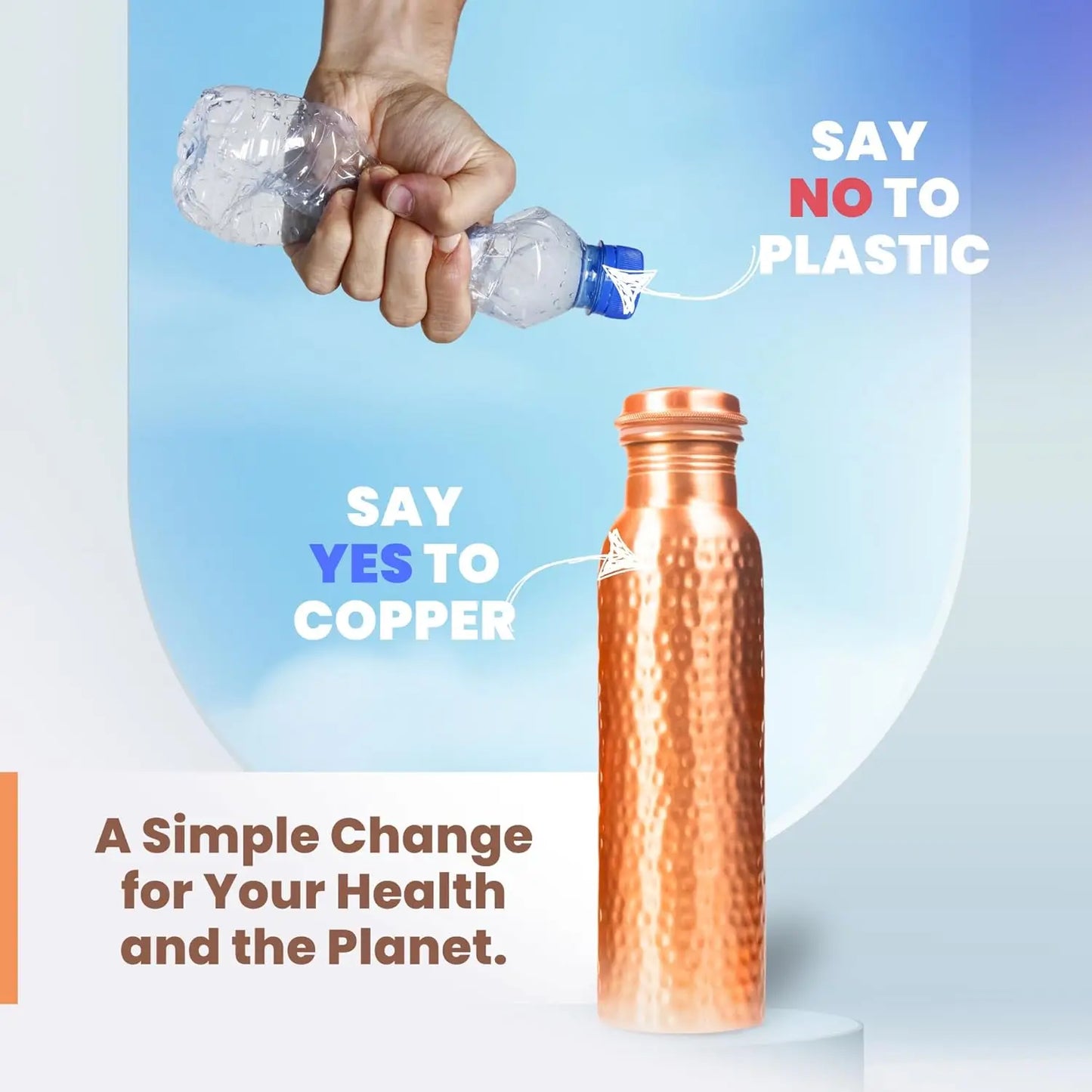 32oz Pure Copper Water Bottle Hammered Finish Leak-Proof Wide Mouth Travel Friendly