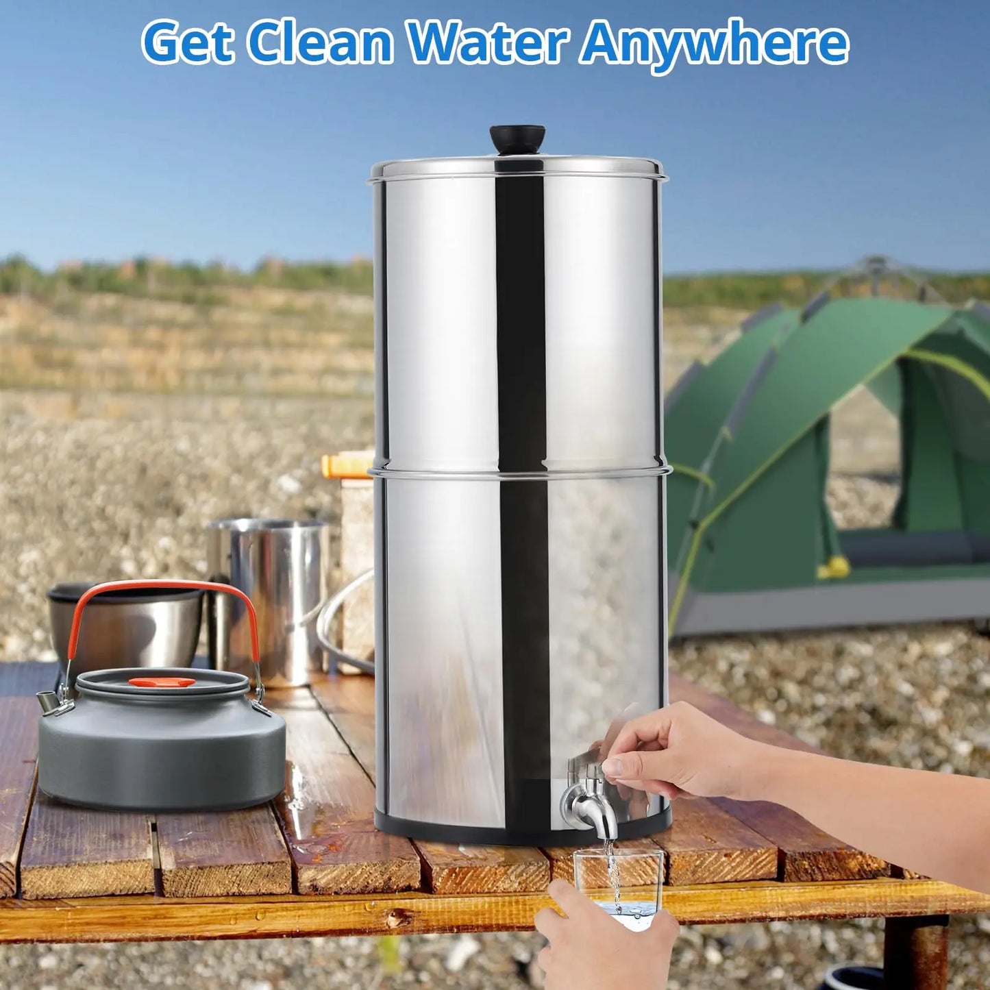 Water Filter System 304 Stainless Steel with 2 Black Carbon Filters and Anti-Slip Stand, Chlorine and Lead Reduction, 2.25Gallon