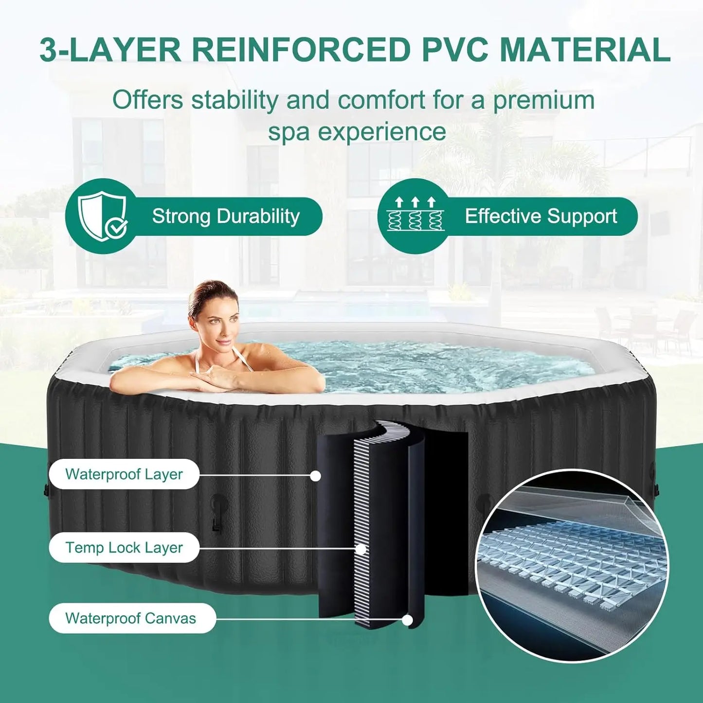 4-6 Person Inflatable Hot Tub, 77" X 77" X 25" Octagonal Blow up Portable Hot tub with 130 Bubble Jets, Large Outdoor Spa Bathtu