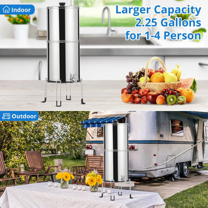 Water Filter System 304 Stainless Steel with 2 Black Carbon Filters and Anti-Slip Stand, Chlorine and Lead Reduction, 2.25Gallon