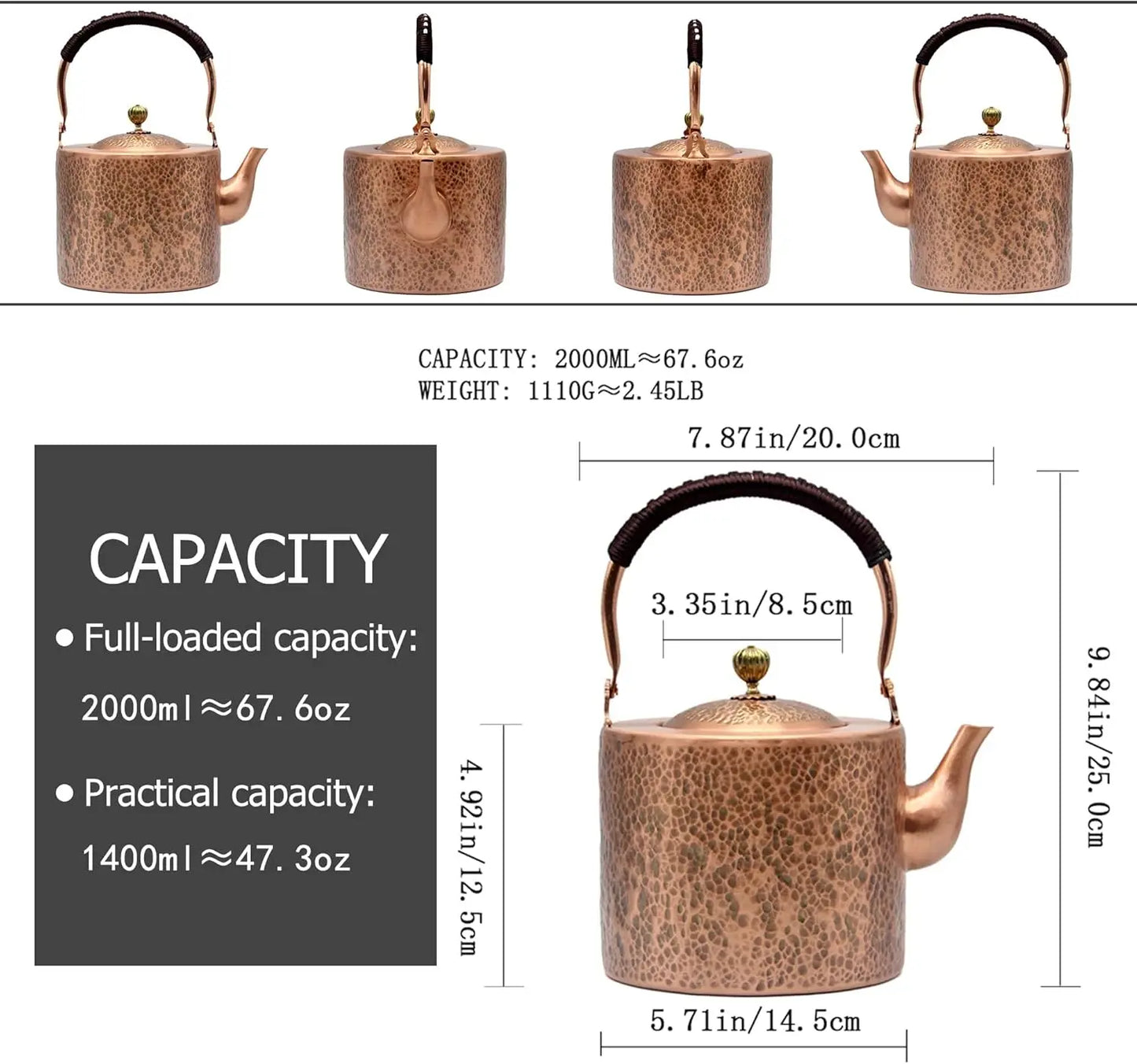 67.6oz Copper Teapot, Tea Kettle