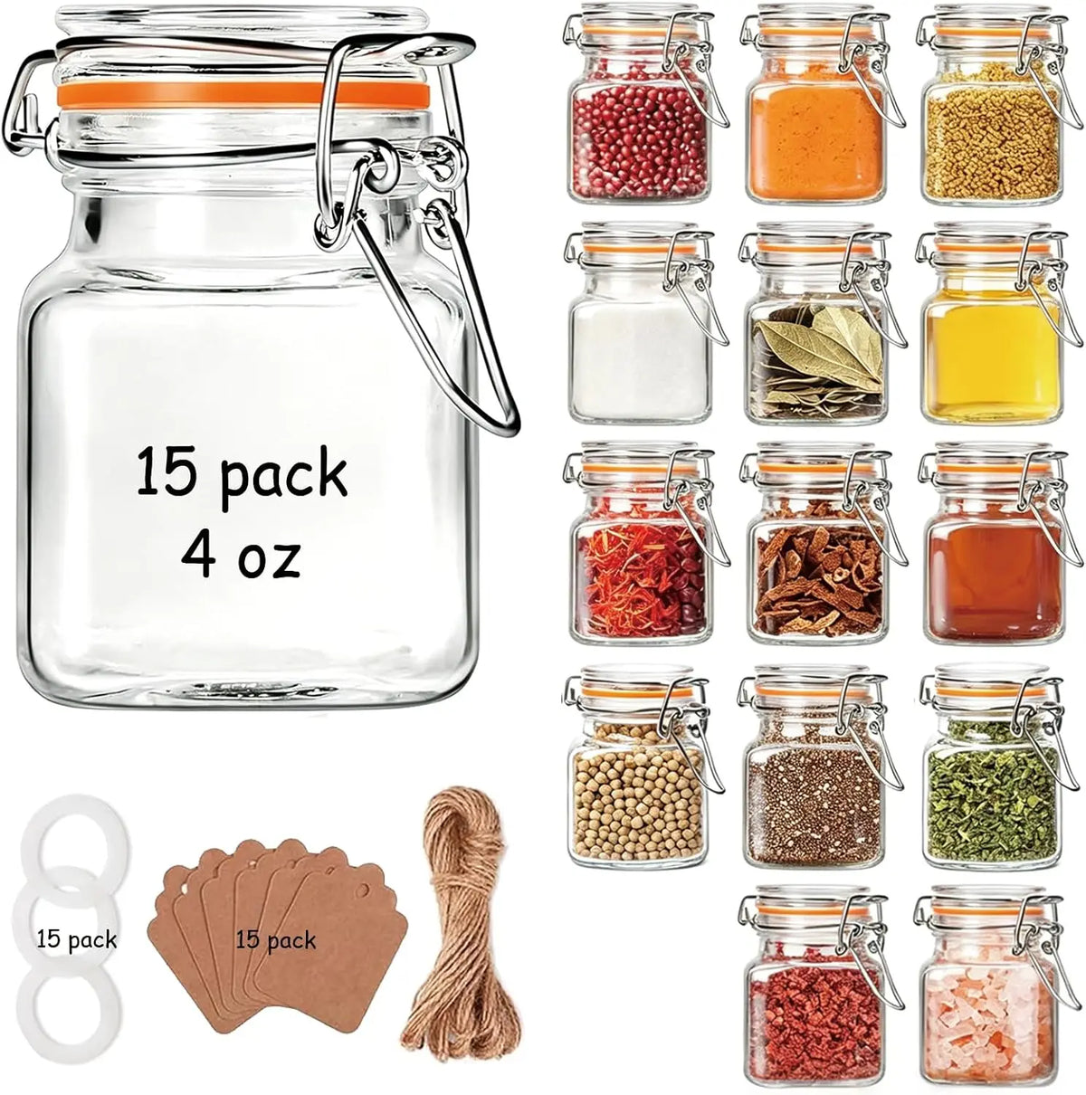 15 Pack 4oz Glass Spice Jars