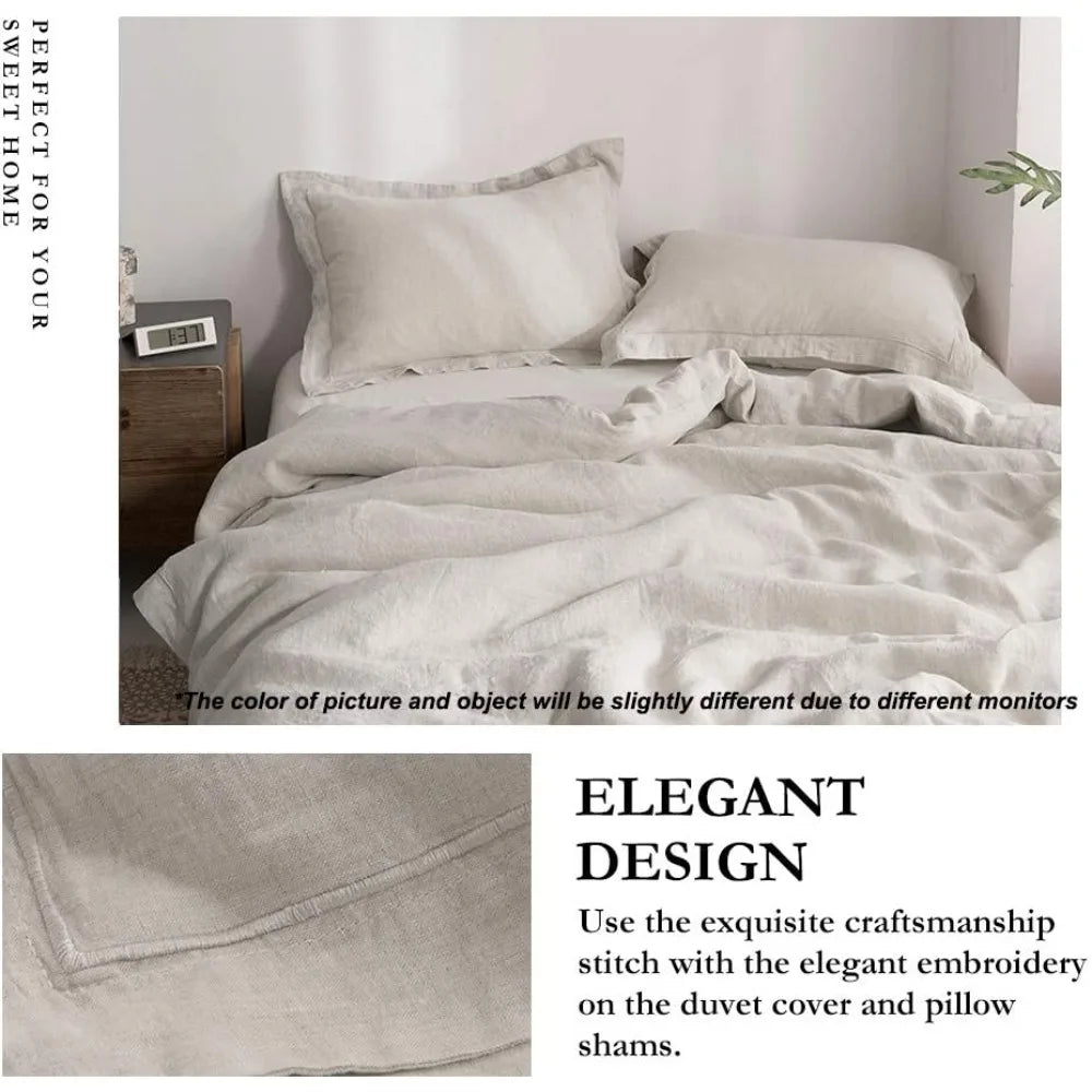 100% Linen Duvet Cover Set with Embroidery Washed - 3 Pieces (1 Duvet Cover with 2 Pillow Shams) with Button Closure