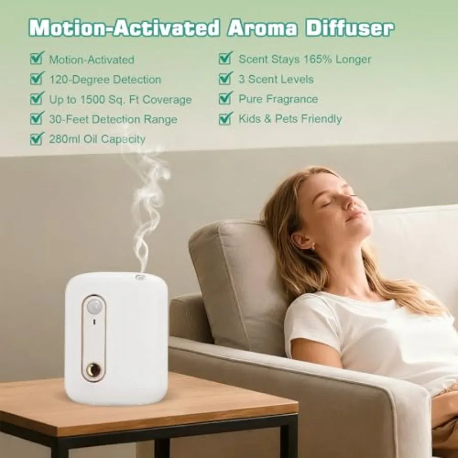 Waterless Diffuser for Essential Oil, Motion Activated Scent Air Machine for Home, Office, Bedroom, Spa White ABS Plastic, 100m