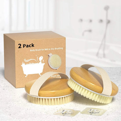 2-pack bamboo dry body brush, shower brush, wet and dry brush, cellulite and lymphatic dry brush body scrubber