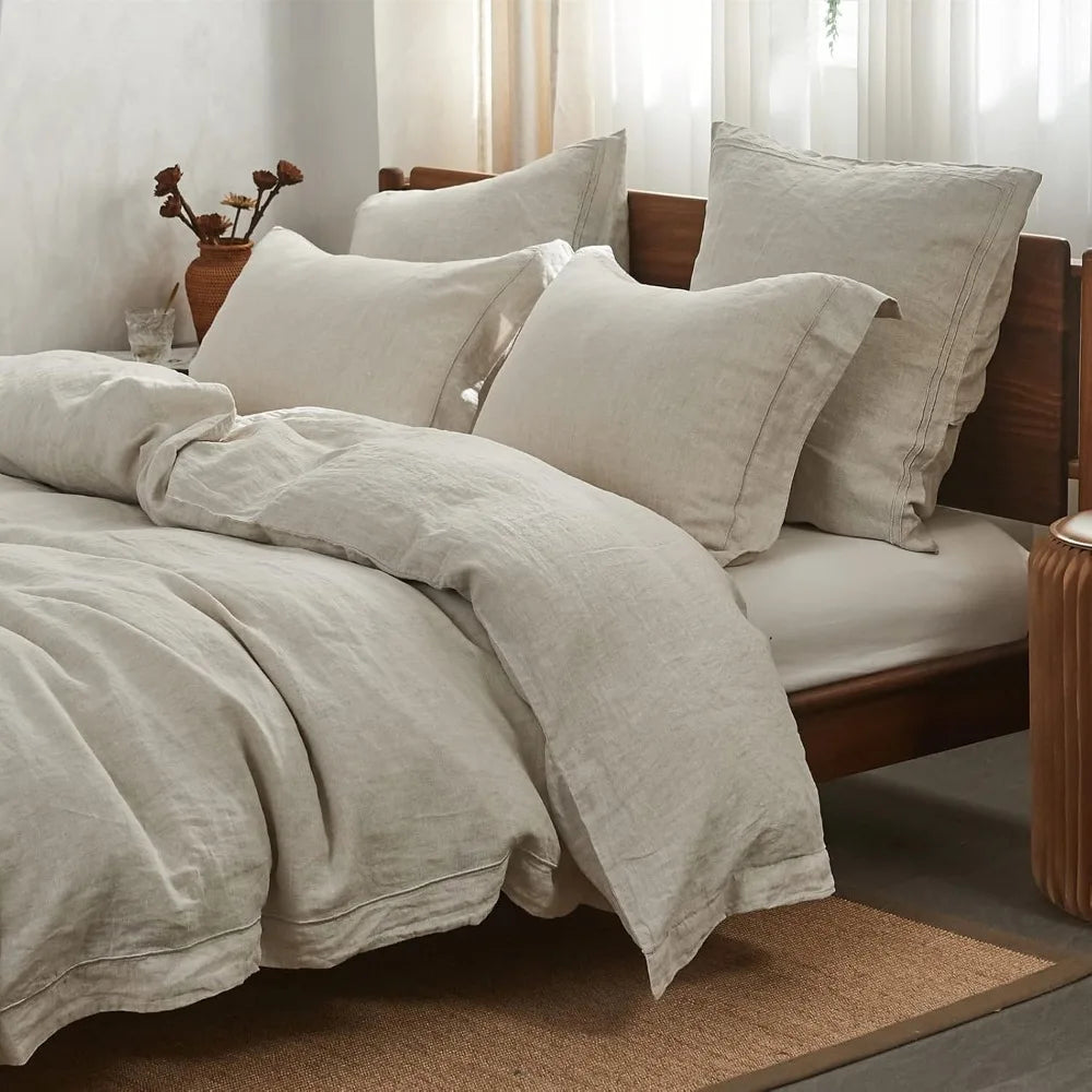 100% Linen Duvet Cover Set with Embroidery Washed - 3 Pieces (1 Duvet Cover with 2 Pillow Shams) with Button Closure