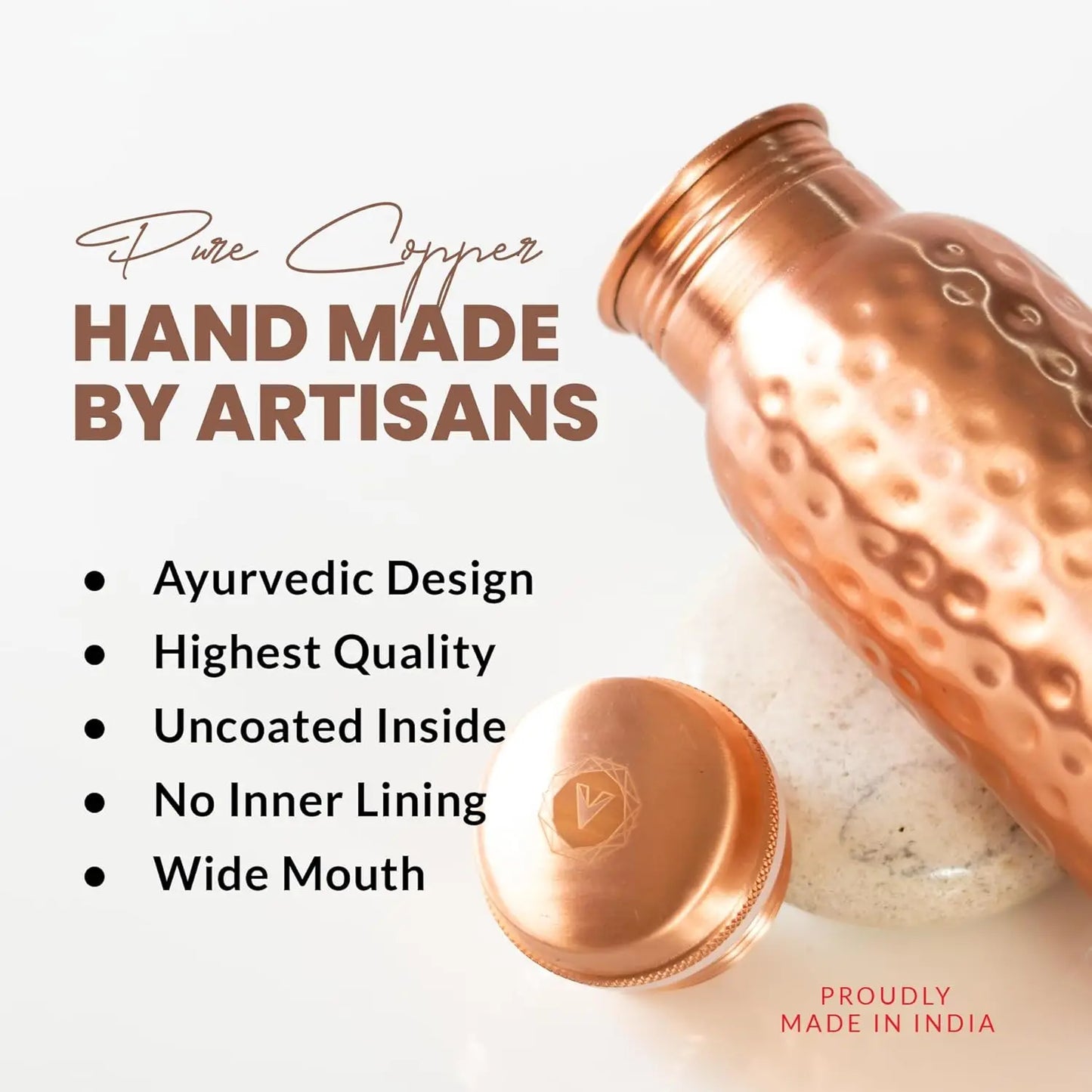 32oz Pure Copper Water Bottle Hammered Finish Leak-Proof Wide Mouth Travel Friendly
