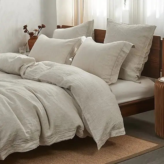 100% Linen Duvet Cover Set with Embroidery Washed - 3 Pieces (1 Duvet Cover with 2 Pillow Shams) with Button Closure