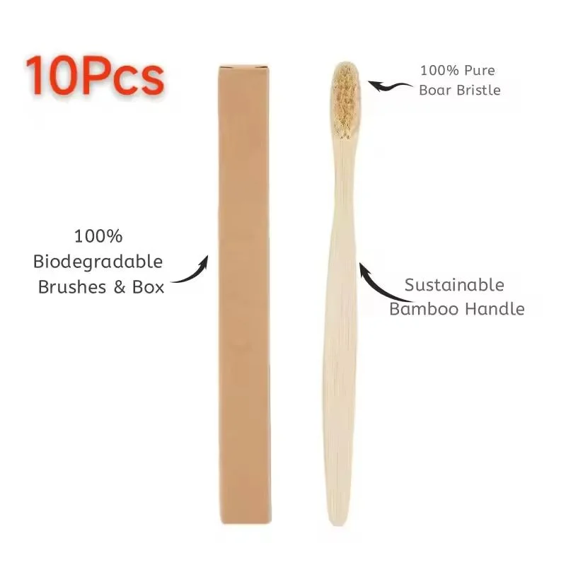 10 PCS Boar Bristles Natural Bamboo Toothbrush