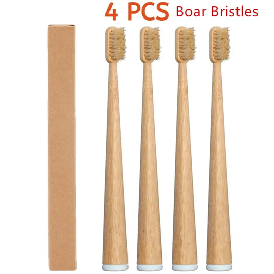 4-Pack Natural Bristle Bamboo Toothbrushes Boar Hair Bristle & Bambu Toothbrush Totally Compostable & Biodegradable