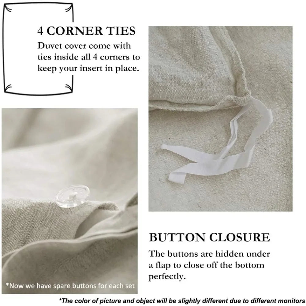 100% Linen Duvet Cover Set with Embroidery Washed - 3 Pieces (1 Duvet Cover with 2 Pillow Shams) with Button Closure