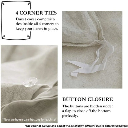 100% Linen Duvet Cover Set with Embroidery Washed - 3 Pieces (1 Duvet Cover with 2 Pillow Shams) with Button Closure