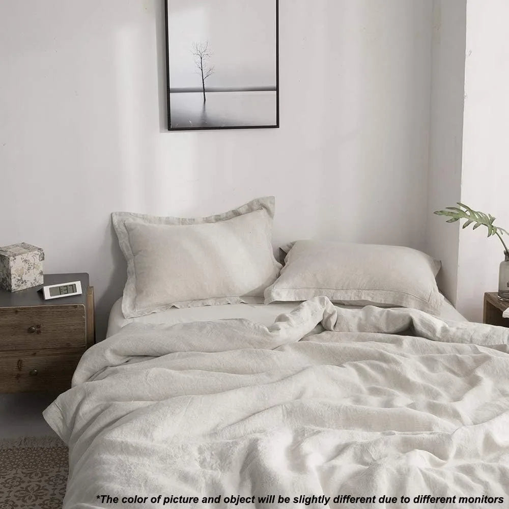 100% Linen Duvet Cover Set with Embroidery Washed - 3 Pieces (1 Duvet Cover with 2 Pillow Shams) with Button Closure