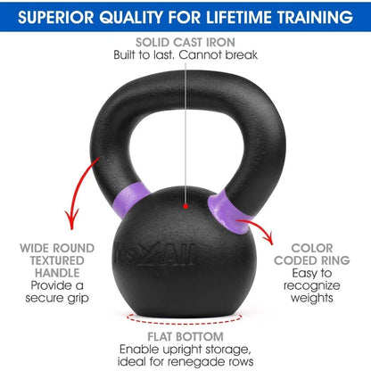 Powder Coated Kettlebell Cast Iron Core Kettlebells with NonSlip Handle Flat Bottom for Conditioning Heavy Duty for Strength Tr