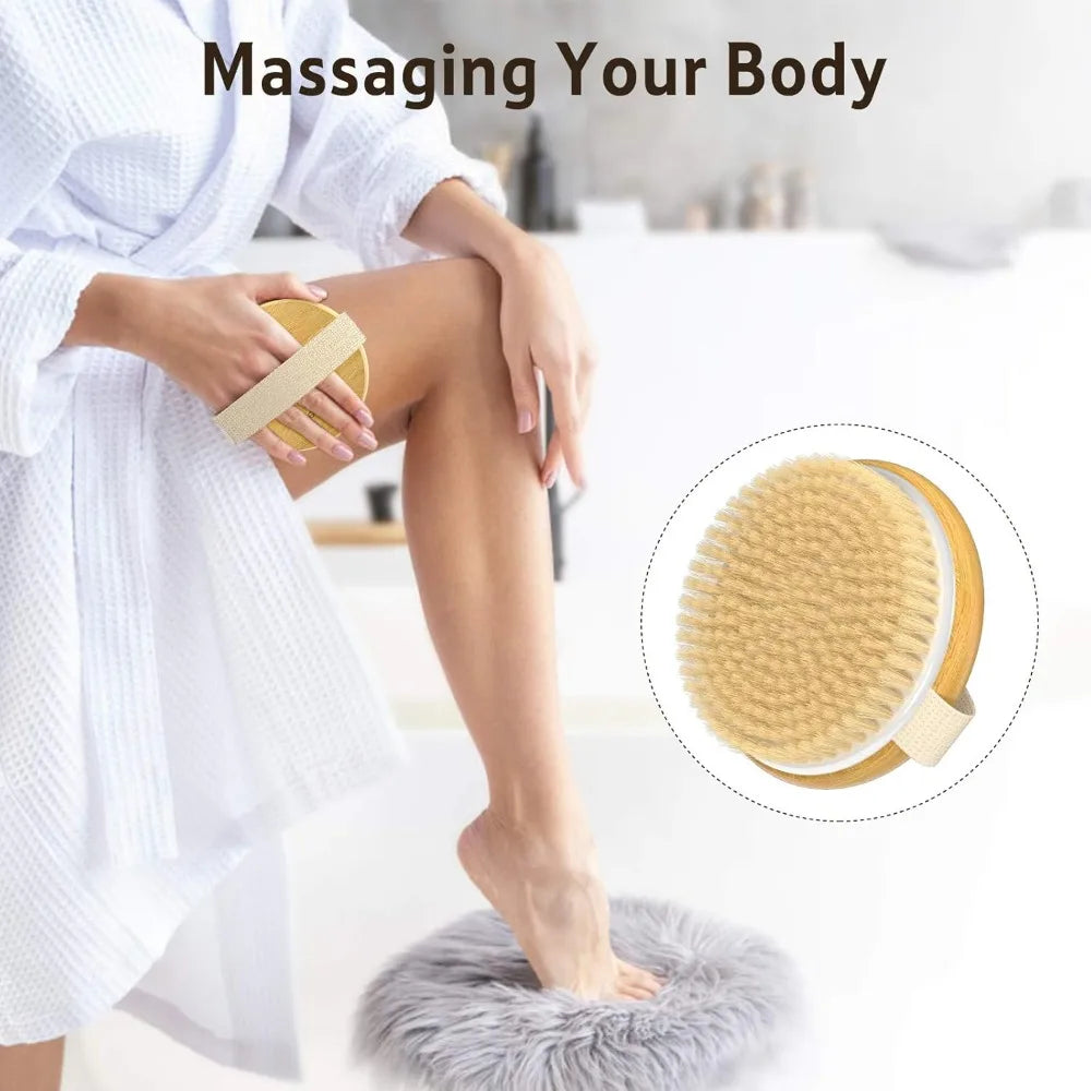 2-pack bamboo dry body brush, shower brush, wet and dry brush, cellulite and lymphatic dry brush body scrubber